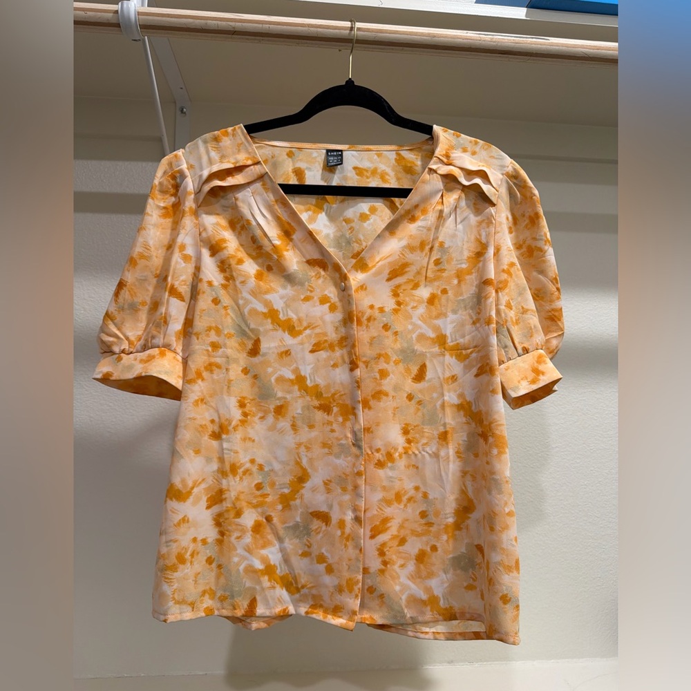 SHEIN Orange and Cream Button-Down Floral Print Blouse